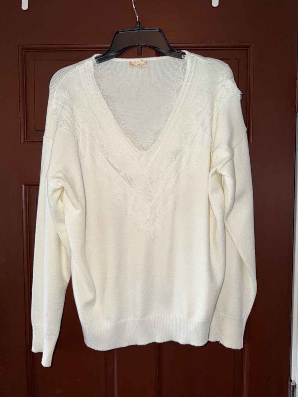 Hem & Thread Cream V-Neck Sweater with Subtle Frayed Trim